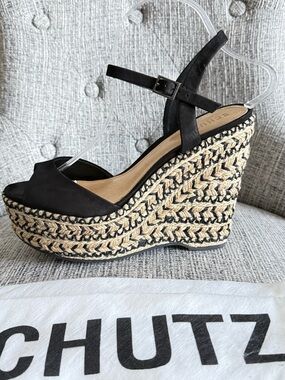 SCHUTZ VERIDIANE Black Espadrille Wedge Sandals - Open Toe Slingback
